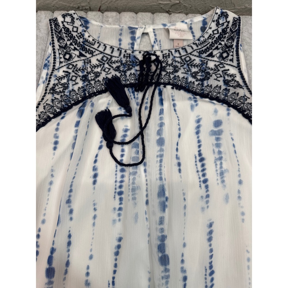 Knox Rose Womens Blue White Tie Dye Embroidered Tassel Mini Dress Small Boho